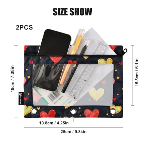 Fustylead Red and Yellow Hearts Big Capacity Pencil Bag Fits 3 Ring Binders, Waterproof Pencil Case with Clear Window for School Cosmetic Office Students Supplies 2 Pack - color: Black01