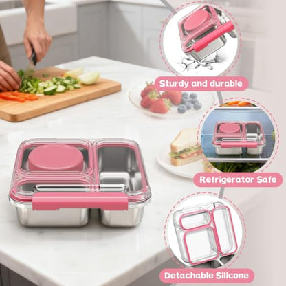 Pawtong Stainless Steel Bento Box Kids Adult with 7oz Insulated Food Jar, Transparent Lid Metal Lunch Box With Soup Thermal Jar, Lunch Box Container with Removable Divider & Sauce Cup School (Pink) - color: Pink