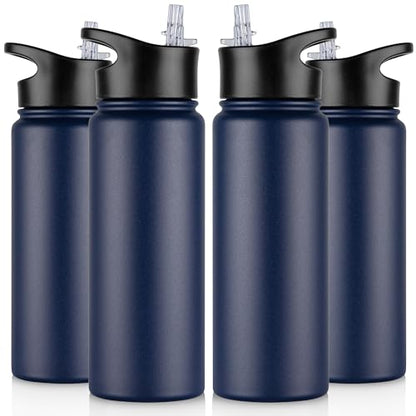 24 oz Insulated Water Bottle Bulk 4 Pack, Stainless Steel Sports Water Bottles with Straw Lid & Wide Mouth Lids, Double Walled Vacuum, Leak Proof, Navy Blue - color: Navy Blue, size: 24 Ounces-4