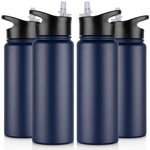 24 oz Insulated Water Bottle Bulk 4 Pack, Stainless Steel Sports Water Bottles with Straw Lid & Wide Mouth Lids, Double Walled Vacuum, Leak Proof, Navy Blue - color: Navy Blue, size: 24 Ounces-4