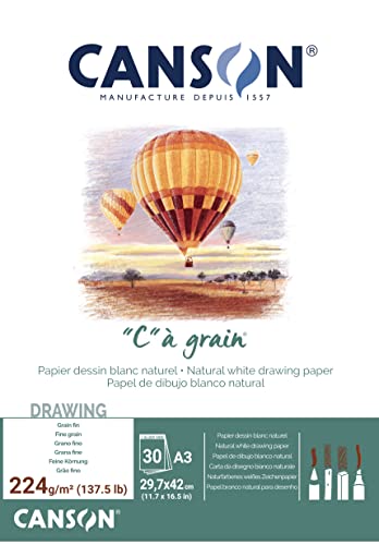 Canson "C à Grain A3 224g White Drawing & Sketching Paper Pad, 30 Sheets, Fine Grain Texture, Glued on Short Side, for Professional Artists - size: A3, style: 224gsm