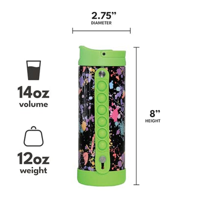 Elemental Iconic Kids Water Bottle with Straw Lid & Stress Relief Pop It Handle, Leak-Proof When Closed, Triple Insulated Kids Stainless Steel Water Bottle For Girls and Boys, 14oz -Green Splatter - color: Green Paint Splatter, size: 14 Ounces