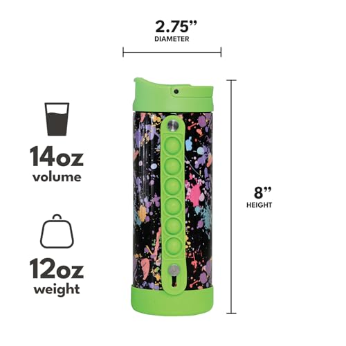 Elemental Iconic Kids Water Bottle with Straw Lid & Stress Relief Pop It Handle, Leak-Proof When Closed, Triple Insulated Kids Stainless Steel Water Bottle For Girls and Boys, 14oz -Green Splatter - color: Green Paint Splatter, size: 14 Ounces
