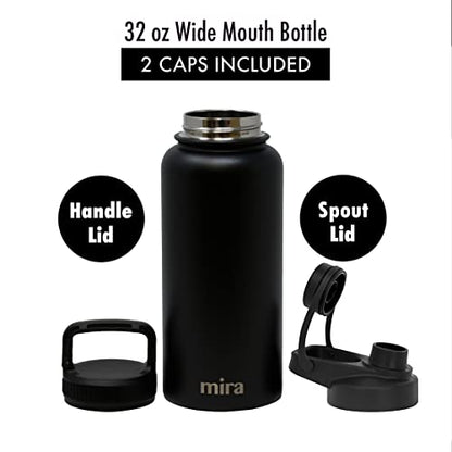 MIRA 32 oz Insulated Sports Bottle - Stainless Steel Temperature Control Thermo - Easy-Drink Spout (24Hr Cold/12Hr Hot) - Black - color: Black - 2 Lids