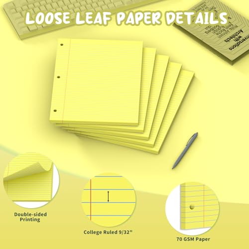 Yellow Loose Leaf Paper 8 x 10.5, 120 Sheets Lined Paper College Ruled Paper, 3 Hole Punched Notebook Paper College Ruled, 3 Ring Binder Paper 8 x 10.5, Filler Paper College Ruled for Office, School - color: Yellow-120 Pcs