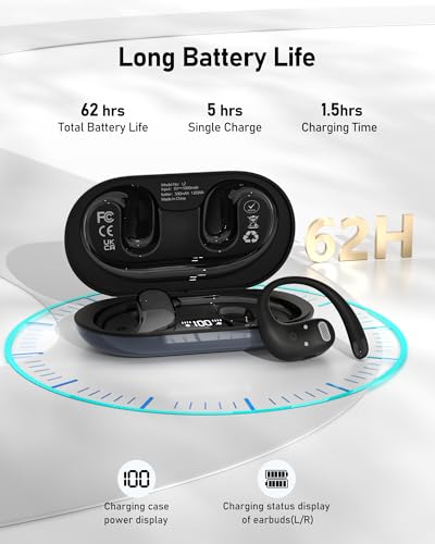 Open Ear Headphones Bluetooth 5.4, 62H Playtime, Air Conduction Wireless Earbuds with Ergonomic Earhooks, ENC Mic,IPX5,Physical Buttons, Comfort-Fit for Running, Cycling, Workouts - color: Black