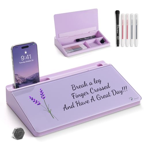 TOWON Compact Glass Desktop Whiteboard with Storage 12x7 in, Lavender | Aesthetic dry erase surface, 5 markers, eraser and holder included, for the office, home or school desk - color: Purple