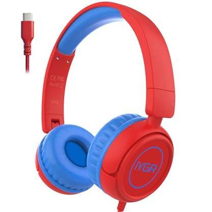 K6C Kids Headphones with USB-C, for Toddler & Kids Ages 2-12, 85dB Safe Volume Limited, Adjustable Headband & Foldable Wired, On-Ear Headphones for School, Travel, Tablet, iPad - color: Red