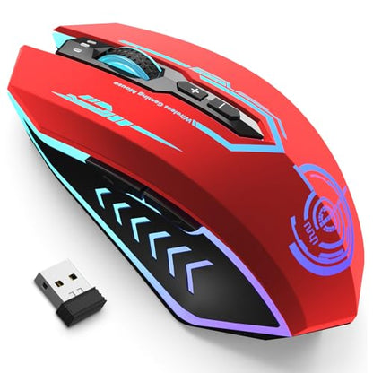 UHURU Gaming Mouse, Wireless Gaming Mouse with 7 Buttons 7 Changeable LED Color up to 12000 DPI, Rechargeable USB Gamer Mouse for PC Laptop (Red) - color: red