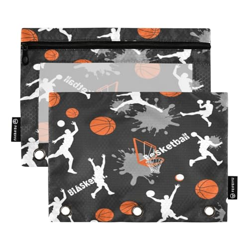 Gredecor Binder Pencil Pouch 3 Ring Basketball Player Slam Dunk Zipper Pencil Pouches Case 2 Pack Clear Binder Organizer for Kids School Office - color: Basketball Game