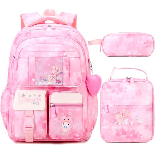 Jafeton Backpacks for Girls, Girls Backpack with Insulated Lunch Bag and Pencil Case for Kids Teens Elementary Middle High School Student, Cute Bow School Bag Travel Daypacks Book Bag Set - color: Pink