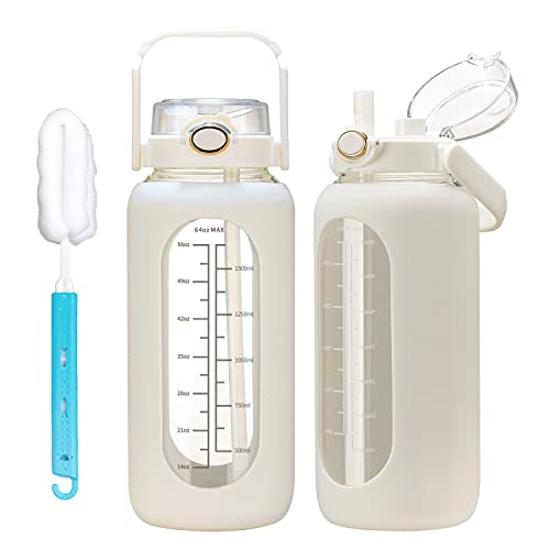 chunmo 64oz Glass Water Bolttles with Straw Half Gallon Large Motivational Water Bottle with Time Marker Sports Water Bottles with Silicone Sleeve and Handle Lid Water Jug for Gym Workout - color: White, size: 64 Ounces