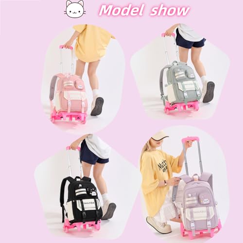 Cat Print Rolling Backpack for Girls Kids Backpack with Wheels Roller Bookbag Trolley School Bag Wheeled Bag Pink - color: 6 Wheels Pink A1, style: 6 Wheels