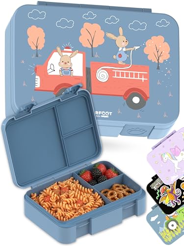 BEARFOOT Kids Lunch Box with Compartments – Compact & Lightweight | Leak-Proof, BPA-Free, Dishwasher Safe | Hand-Drawn Design for Preschool, School, Travel (Firetruck Bunnies Blue, 4 Cups) | BPA Free Leakproof Lunch Box with Compartments School & Nursery