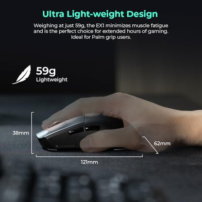 TECWARE EX1 Lightweight Gaming Mouse | 26K DPI Wireless Mouse with OLED Display | 59g Ultra-Light Design | RGB Charging Dock | Tri-Mode Connectivity 2.4GHz/Bluetooth/Wired with Grip Tape | Black - color: Black