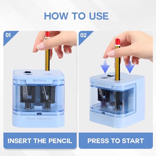 Eagle Electric Pencil Sharpener, Dual Holes, Battery Powered for School/Office/Art, 5s Fast Sharpening, Portable w/Large Shaving Tray & Replaceable Blades, for 6-12 mm Pencils(Blue) - color: Blue