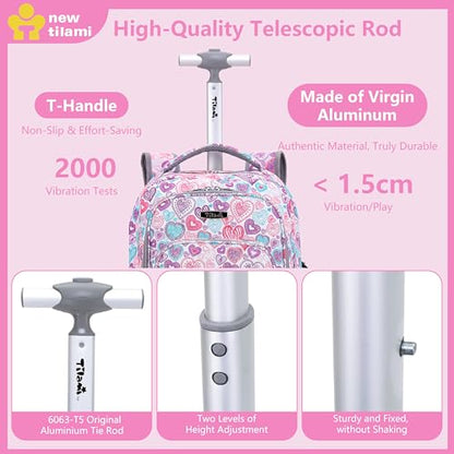 NEW TILAMI Rolling Backpack for Kids 18 Inch Wheeled Laptop Backpack Kids School Travel - color: Pink Love