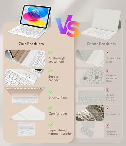 CHESONA Compatible for iPad 11th(A16)/10th Generation Case with Keyboard | Detachable Wireless Keyboard, Stand Folio Keyboard Cover with Pencil Holder, Thin & Light, White - color: White