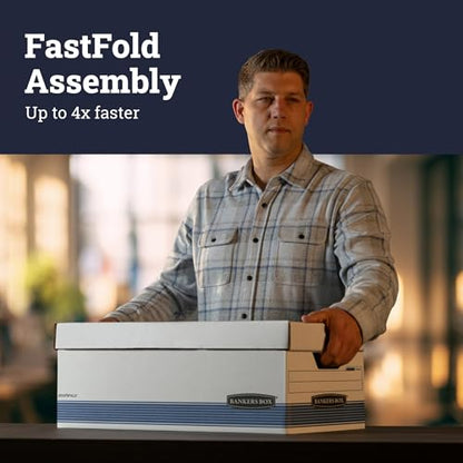 Bankers Box 12-Pack Medium-Duty File Storage Boxes, 24in Legal, FastFold | Speed through filing with FastFold setup, sturdy stacking, reinforced handles, and dependable document protection.