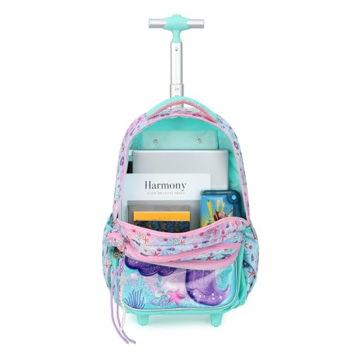 Cartoon Rolling Backpack for Boys Girls, Kids 5 Pcs Wheeled Backpack, Travel Backpack for Elementary Students (Mermaid Green) - color: Mermaid Green