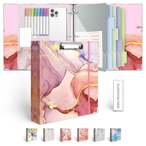 3 Ring Binder 2 Inch, Three Ring Binders Organizer with Clipboard, 5-Tabs Pockets Dividers, Plastic Folder, 18 Divider Stikers, BVSSX Pink Decorative Binder with Pen Loop (Pink Marble, Letter Size) - color: 04-pink Mable, size: 2in（Letter Size）