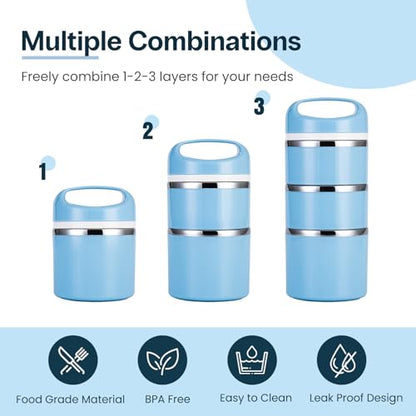 Lille Home Stackable Stainless Steel Thermal Compartment Lunch/Snack Box, 3-Tier Insulated Bento/Food Container with Lunch Bag and Three Extra Seals, 43OZ (Blue) - color: Blue