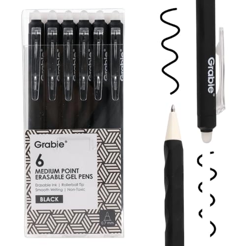 Grabie Erasable Gel Pens, Medium Point 0.7 mm Erasable Pens, Make Mistakes Disappear for Drawing Writing Planner, Pack of 6, Black - color: Black
