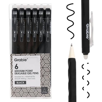 Grabie Erasable Gel Pens, 6 Black 0.7 mm Medium Point Pens | Rich Black Ink, Clean Erasing, Smooth Writing, Comfortable Grip, Quick Drying, Ideal For Students, Journaling - color: Black