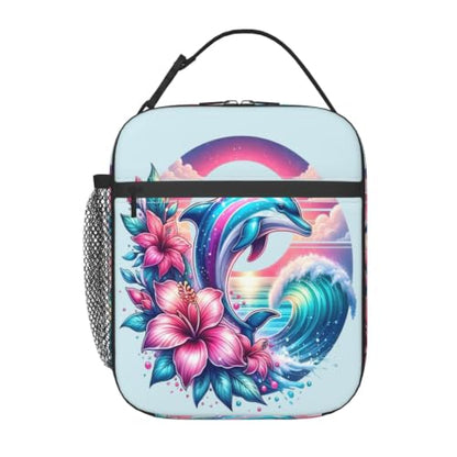 Dolphin Flowers Sunset Wave Ocean Lunch Bag 10In | Insulated Lunch Box Reusable Tote Bag For Picnic Office For Women Men - color: Style 10