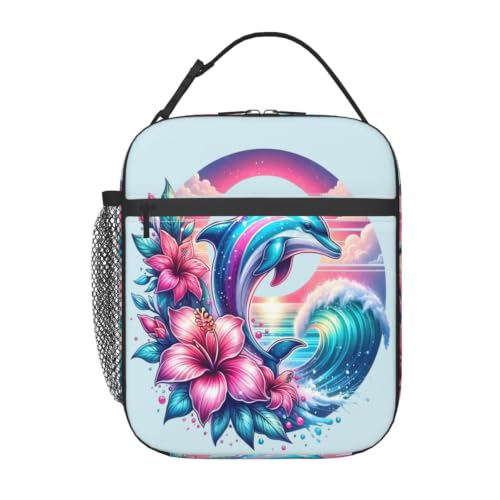 Dolphin Flowers Sunset Wave Ocean Lunch Bag 10In | Insulated Lunch Box Reusable Tote Bag For Picnic Office For Women Men - color: Style 10
