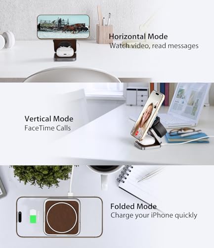 Foldable Magnetic Wireless Charger, KU XIU Aluminum Alloy 3 in 1 Charging Station for Apple, Fast Charging Travel Charger for iPhone 17 16 15 14 13, 5W for Apple Watch Ultra, AirPods, Leather Texture - color: Leather Texture