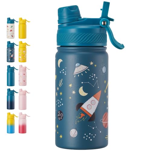 Fijinhom 12 oz Kids Water Bottle, 2-in-1 Stainless Steel Vacuum Insulated Water Bottle for Toddler, Leak Proof Spout & Straw, Double Wall Thermal Flask for Boys&Girls, School, Outdoor, Travel (Planet) - color: Planet, size: 12 Ounces