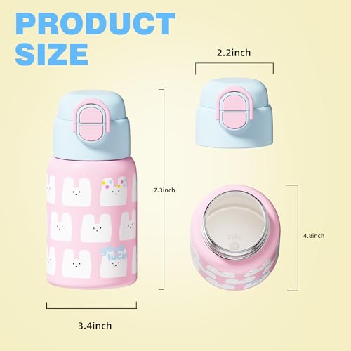 SDGA+ 22 oz Kids Water Bottle with Lid and Straw, Insulated Stainless Steel Tumbler Leak Proof, Portable Iced Travel Coffee Mug, Rabbit - color: Pink Rabbit