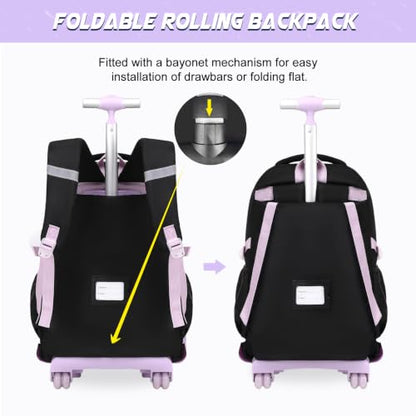 DIGOBAY Rolling Backpack for Girls, Girls Roller Backpack with Lunch Bag and Pencil Case, School Bookbag with Wheels for Elementary Middle High School Travel, Black Purple - color: Black and Purse