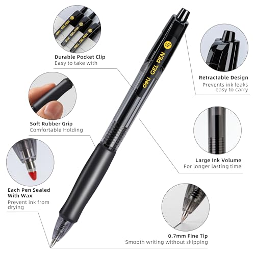 deli Gel Pens, Retractable 0.7mm Black Ink Pens, 12 Pcs Pens & 6 Refills | Medium Point Smooth Writing Pens, Quick-Dry No Bleed Comfort Grip for School, Office, Home Supplies - size: 12 PENS 6 REFILLS