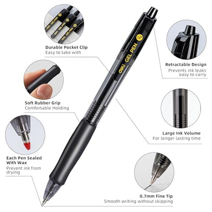 deli Gel Pens, Retractable 0.7mm Black Ink Pens, 12 Pcs Pens & 6 Refills | Medium Point Smooth Writing Pens, Quick-Dry No Bleed Comfort Grip for School, Office, Home Supplies - size: 12 PENS 6 REFILLS