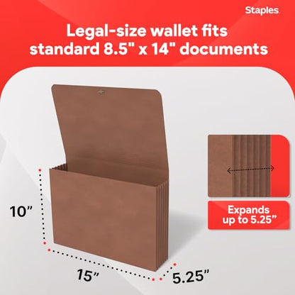 Staples Expanding Wallet, Legal Size, Brown Redrope Accordion File with Elastic Closure, Holds Oversized Documents – 10/Pack
