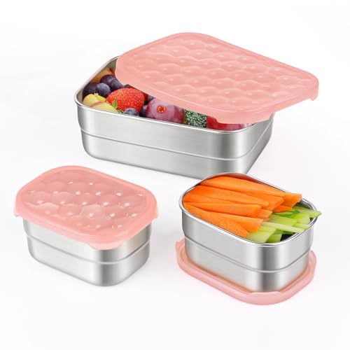 Tanjiae Small Stainless Steel Lunch Containers for Kids | Leak Proof Snack Containers with Silicone Lids - Perfect Metal Lunch Box with Lids for School and Daycare (25oz+8oz*2) - color: 3-Pack Pink Berry Snack Containers for Adults, size: 25 oz + 8 oz x 2