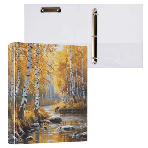 Autumn Birch Forest Stream Landscape 3 Ring Binder 1.5" Decorative D-Ring Binder with Clipboard&3 Clear Pockets, Holds 200 Sheets A4 Size Paper Waterproof Binders for School Home Office - color: Autumn Birch Forest Stream, size: ‎12.4x10.63x2.36 Inch-1 Pa