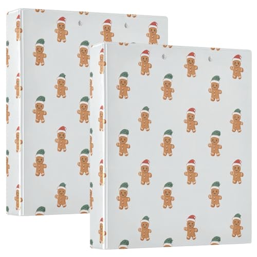 Fustylead Lovely Gingerbread Man Wear Santa Hat 3 Ring Binder, D-Rings 1.5" Hardcover Folder, Fits 200 Sheets of A4 Paper, Durable Clipboard & Clean View with Inside Pockets for School Home Office - size: 12.4x10.63x2.36 Inch-2 Pack