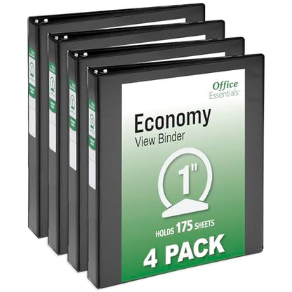 Office Essentials Economy View 3 Ring Binders, 1" Round Rings, 1.4" Spine, 175-Sheet Capacity, Black Binders (4-Pack of 03127) - size: 1"