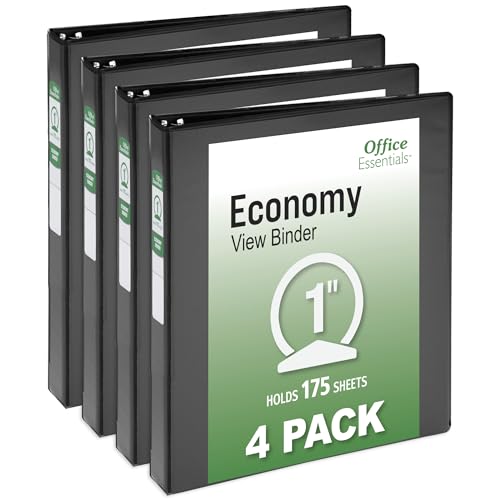 Office Essentials Economy View 3 Ring Binders, 1" Round Rings, 1.4" Spine, 175-Sheet Capacity, Black Binders (4-Pack of 03127) - size: 1"