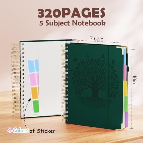 Hardcover Spiral Notebook, B5 Journal with Removable Dividers Tabs, 5 Subject Notebook College Ruled, 320 Pages 8"x10" Leather Notebooks for Work School Study, Lined Journal for Women, Dark Green - color: B5/Dark Green