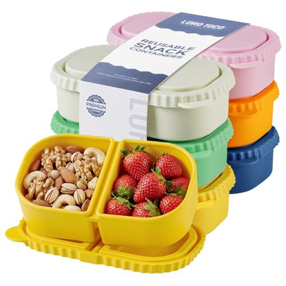 6 Pack Reusable Silicone Snack Containers with Lids, 2 Compartment Bento Snack Boxes, Leakproof Portion Control Food Containers for Fruits, Nuts, School, Office & Travel, Dishwasher Safe - color: 2-Compartment (6-Pack)