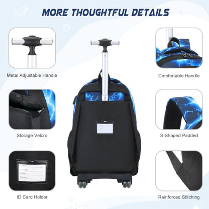 Scothen 3PCS Rolling Backpack for Boys, Cool Gamer Roller Backpack with Wheels, Kids Boy Wheeled Backpacks with Lunch Bag Pencil Case for Teens Bookbag Kindergarten Elementary Middle School - color: Blue Lighting