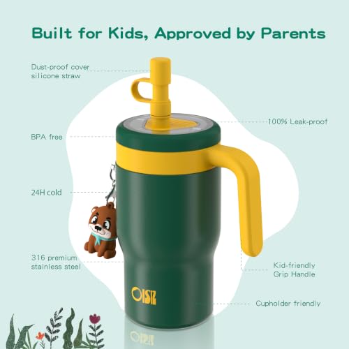 OISIZ 14oz Kids Tumbler with Straw Lid & Handle,Kids Cup with Animal Accessory for School,Kids Water Bottles with Dust-proof Cover,Leakproof Water Bottles,316 Stainless Steel,Keep Cold 24 Hours-green - color: Forest Green