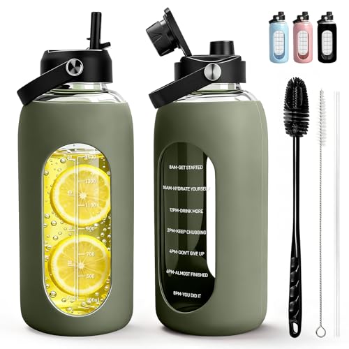 Aqulea 64oz oz Glass Water Bottle with 2 Lids – Spout & Straw Lids, Borosilicate Glass Water Bottle with Time Marker & Silicone Sleeve, Leakproof - color: Sage, size: 64 Ounces