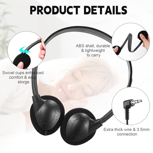 Konohan 30 Pack Headphones Bulk Headphone for School Classroom Student Wired Headphones Adjustable with 3.5 mm Jack for Adults (Black) - color: Black