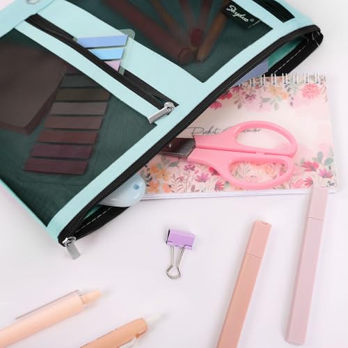SKYDUE 3 Ring Pencil Pouch for Binder, Zipper Binder Pencil Pouch with 3 Pockets and Mesh Window, Durable Organizer for School Supplies, Cables, Earbuds, Makeup - color: Cyan