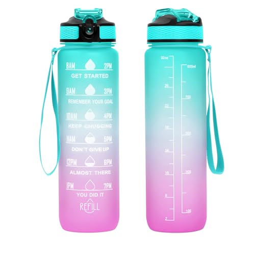 32 oz Motivational Water Bottle with Time Marker,Water Bottles with Times to Drink and Straw with Carrying Strap,Perfect For Fitness Gym Outdoor,BPA Free (Green & Purple Gradient) - color: Green & Purple Gradient